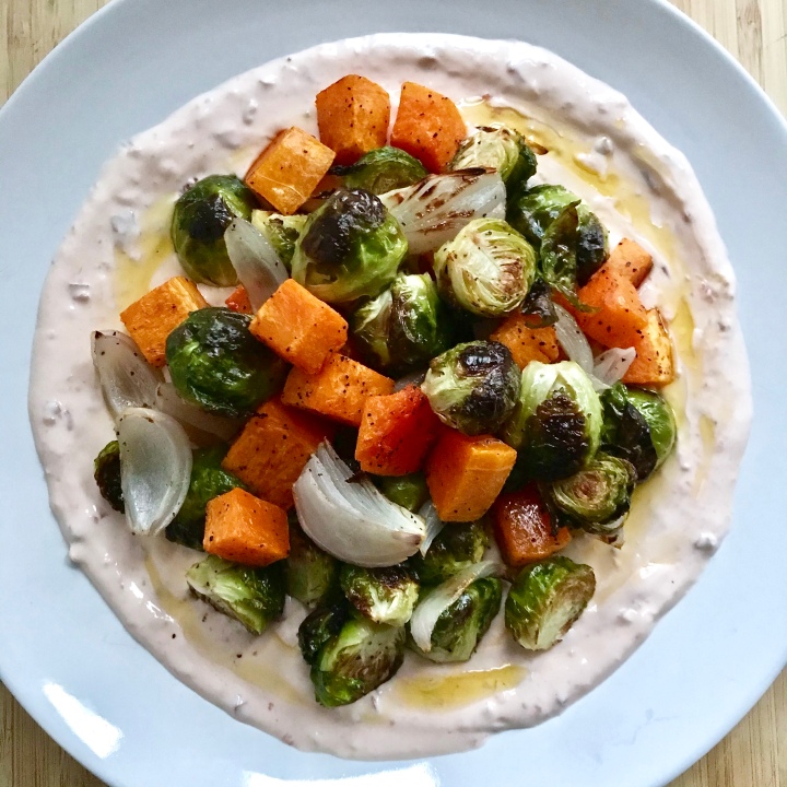 Roasted Brussels Sprouts, Butternut Squash, and Shallots with Spicy Yogurt Sauce