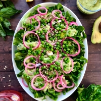Little Gem, Pea, and Pickled Onion Salad with Lemon-Basil Avocado Dressing